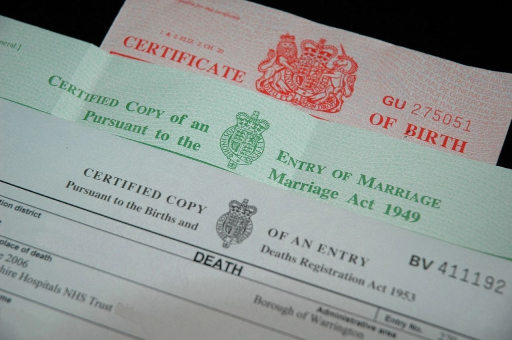 birth marriage and death certificate