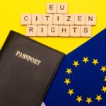 Conceito de união europeia mostrando a bandeira da UE e um passaporte em um fundo amarelo com uma placa que diz Direitos do Cidadão da UE