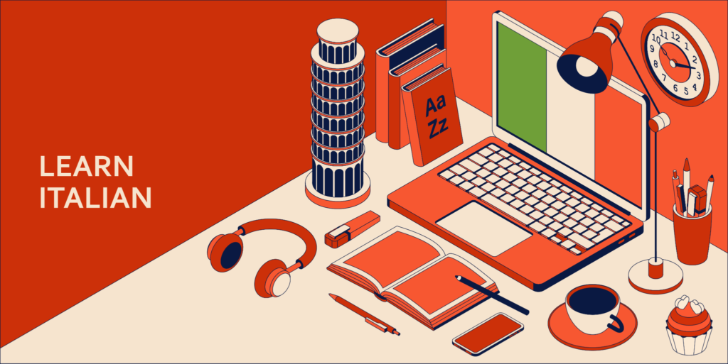 Learn Italian language isometric concept with open laptop, books, headphones, and coffee.