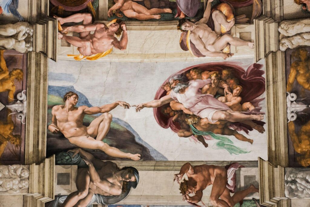 Vatican, Italy - Detail of the Universal Judgement inside the Sistine Chapel in Vatican City.