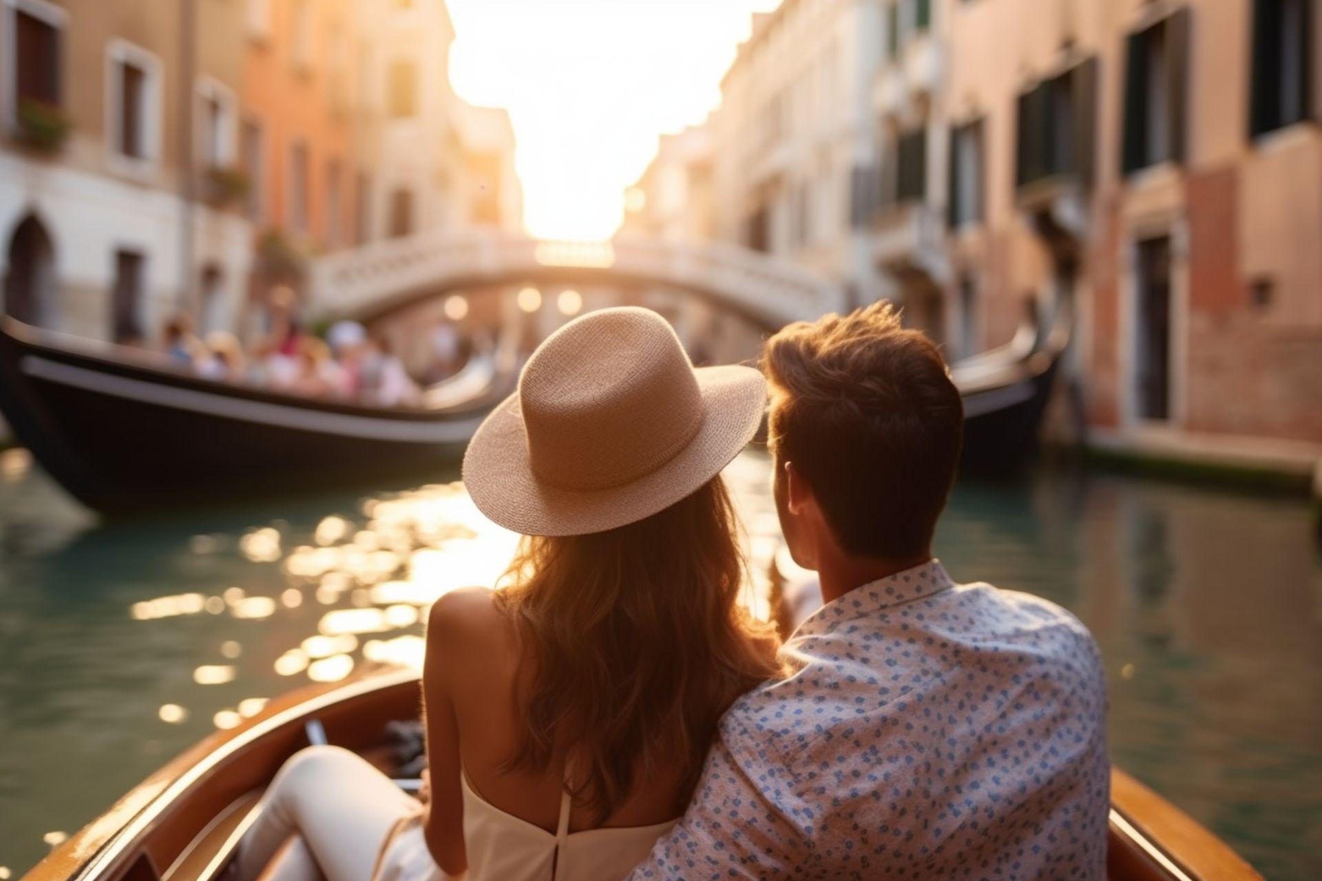 A couple enjoying a romantic gondola ride through picturesque canals A couple enjoying a romantic gondola ride through picturesque canals