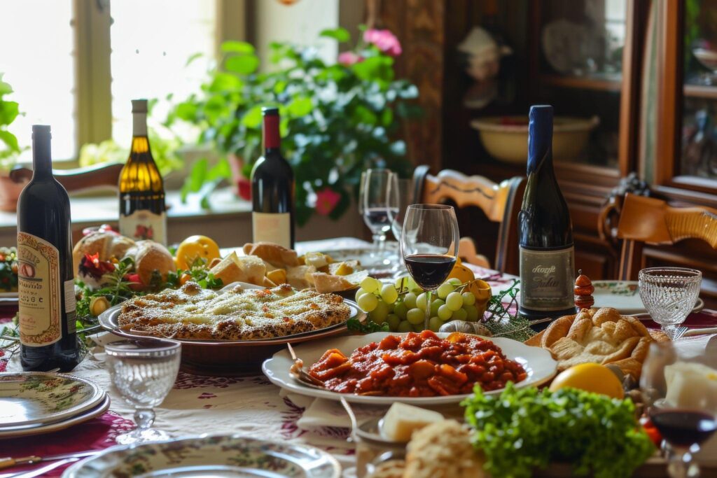 Una mesa tradicional del día de San José con cocina italiana, símbolos religiosos y reunión familiar