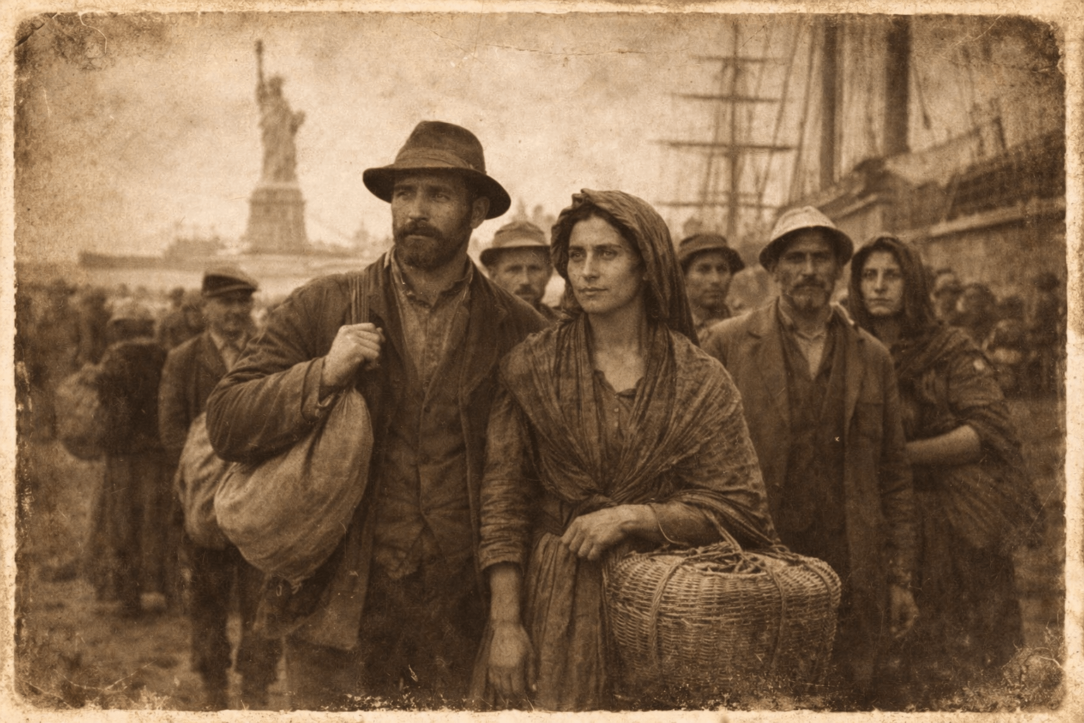 A created image of an Italian couple arriving in America